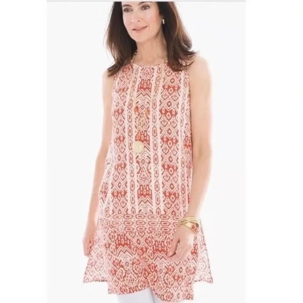 Chicos Sz 2 (L/12) Tunic Top Dress Sleeveless Batik Artsy Layered Coastal Resort
